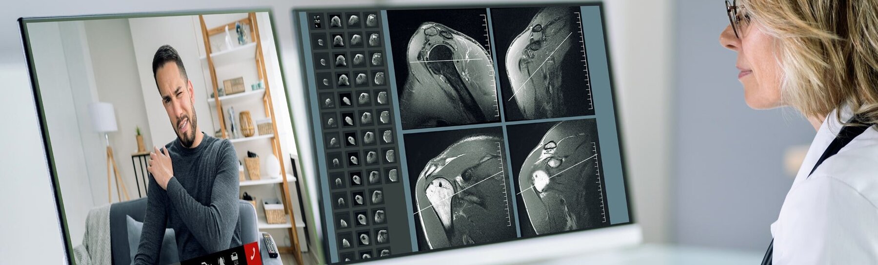 Ärztin betrachtet Röntgenbilder eines Patienten. Intelligente ITK-Lösungen, die das Wohlbefinden der Patienten und Bewohner stärken.